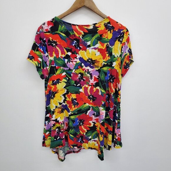 Cupio Multicolor Floral Print Short Sleeve Top XL Stretch Asymmetrical Hem - Picture 4 of 13